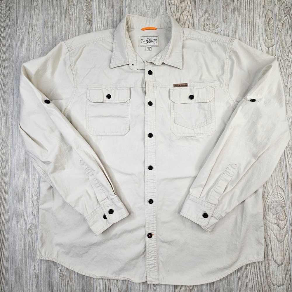 Field‎ & Stream Mens XXL Beige Cotton Canvas Roll Tab Long Sleeve Button Shirt